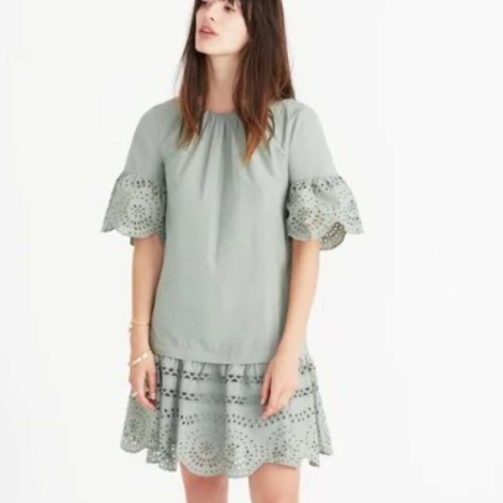 Madewell Eyelet Drop Waist Ruffle Green Cotton Dress Size Large